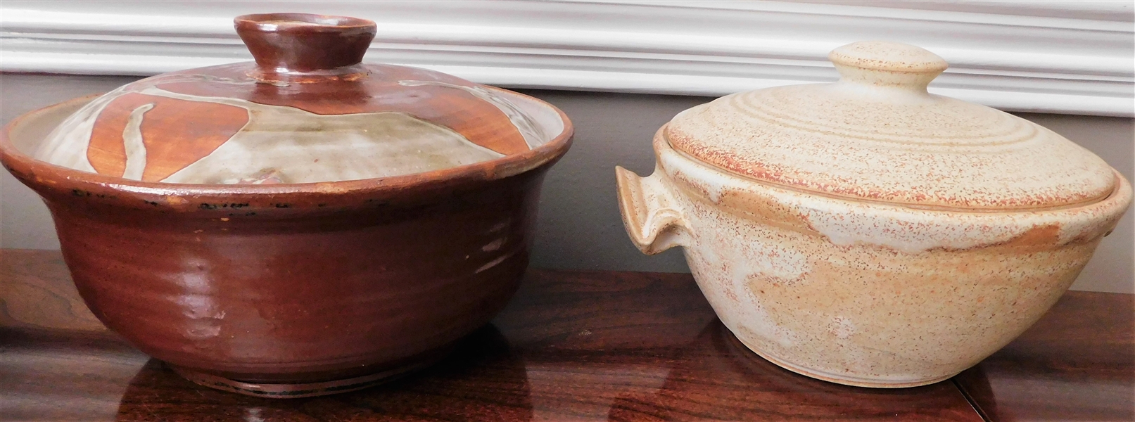 2 Art Pottery Lidded Bowls - Brown Measures 8" Across and Lighter Speckled 7 1/4" Across