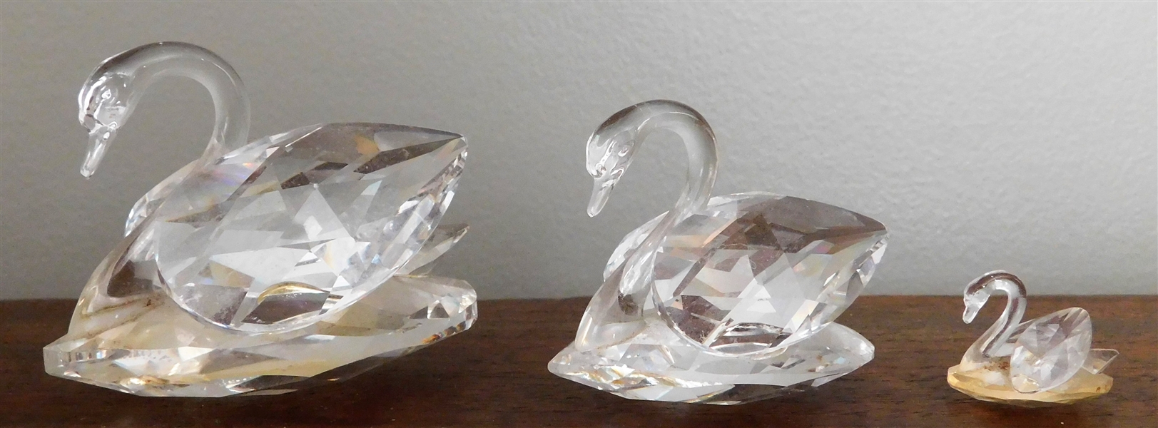 3 Signed Swarovski Crystal Swans - Largest is 2" tall, Smallest 3/4" Tall - Middle Has Chip on Wing