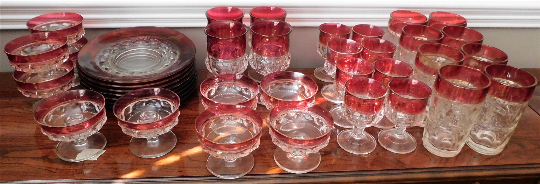 38 Pieces of Kings Crown including 8 1/4" Plates, Pair of 3 1/4" Candle Sticks, Sherbets, 5 7/8" Goblets, 4 1/2" Goblets, and Tea Glasses - Flashing in Worn on Glasses