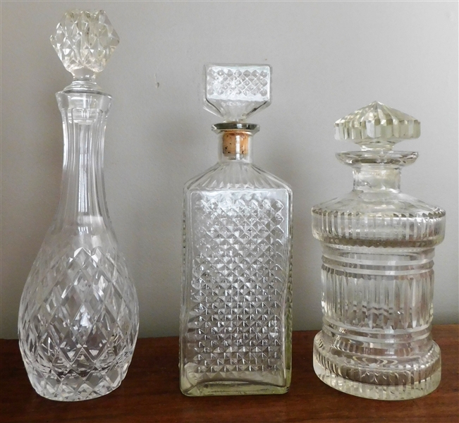 3 Crystal Decanters - 1 Signed Waterford with Incorrect Stopper 12 1/2" Tall  and 2 Others Plus Extra Stopper