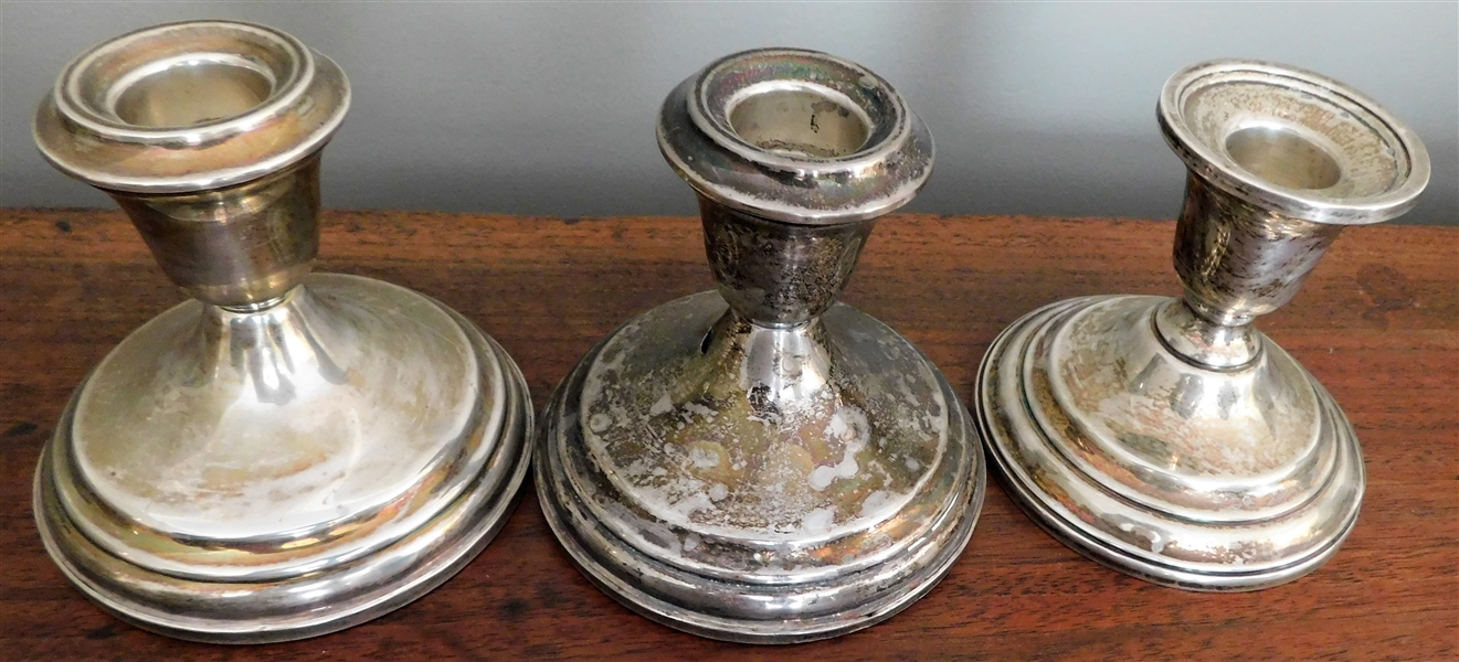 3 Weighted Sterling Silver Candle Holders - Some Dents - 4" Tall 