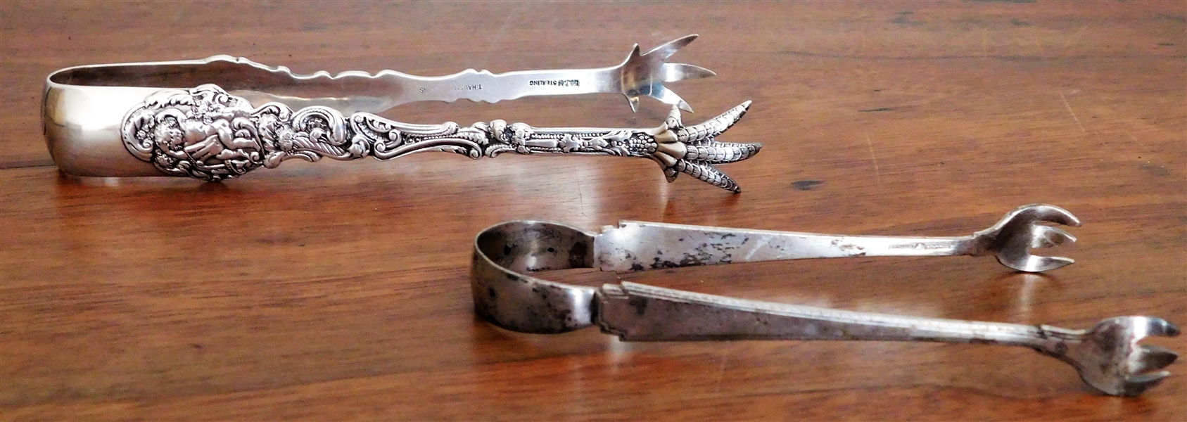 T. Hausmann and Sons Sterling Silver Tongs with Cherubs and Wallace Sterling Silver Sugar Tongs - Cherub Tongs are Monogrammed