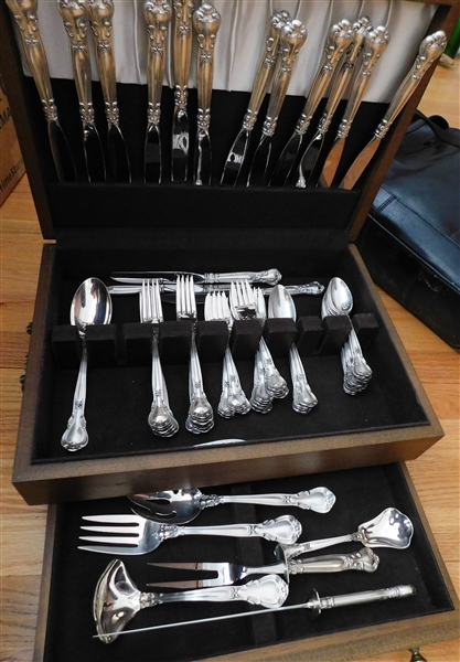 73 Piece Set of Gorham "Chantilly" Sterling Silver Flatware including Ladle, Carving Set, Serving Spoons, 15 Knives, Forks, and Tea Spoons all in Nice Wood Case