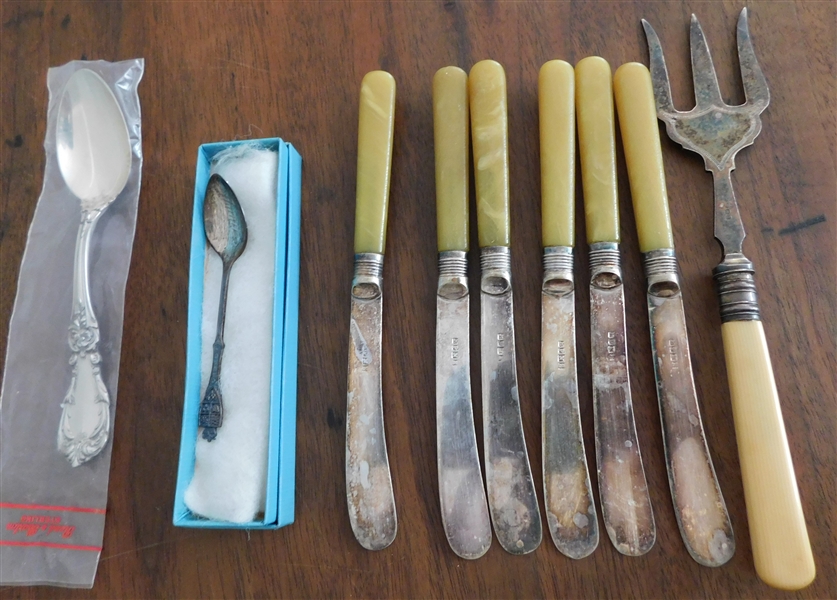 Reed and Barton Sterling Silver Tea Spoon, Sterling Silver "Canada" Souvenir Spoon, Bakelite Handled Knives, and Meat Fork 