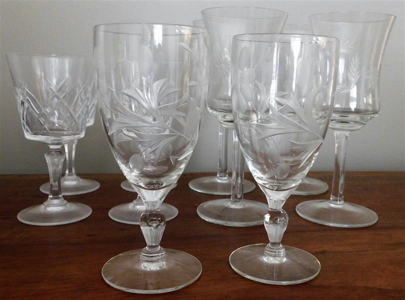 10 Etched Crystal Glasses - 4 - 6 3/4" with Etched Flowers, 4 - 5" and 2 Others