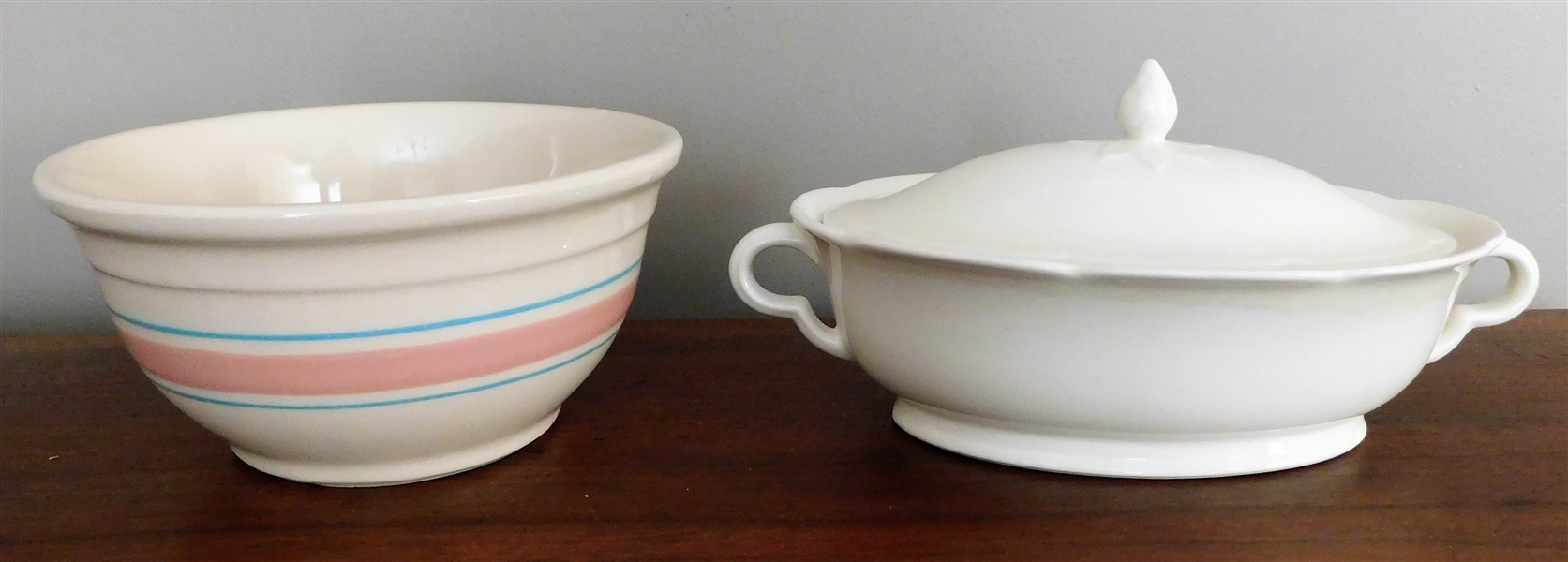 USA 8" Bowl with Pink and Blue Bands and Oval Dish with Lid