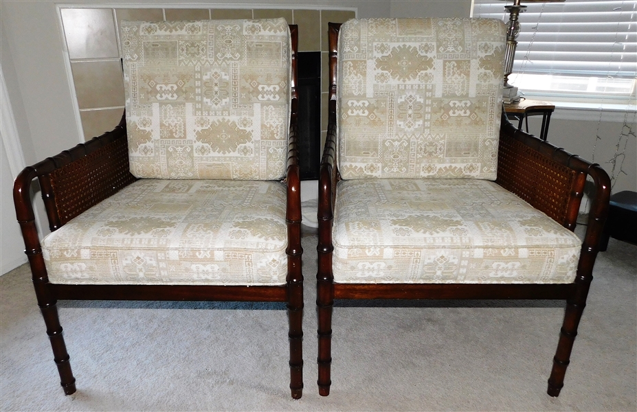 Pair of Arm Chairs with Double Layer Cane Sides and Backs - Nice Clean Upholstery - 37" tall 25" by 27