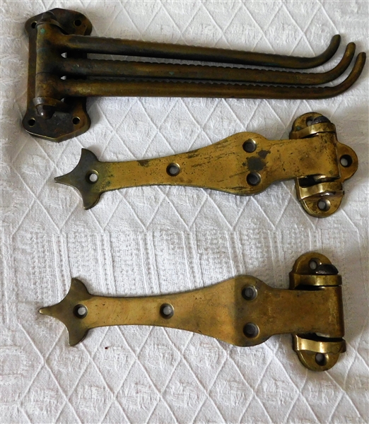 Pair of Large Brass Hinges and Brass Folding Hook - Hinges Measure 10" and Are Numbered 354A