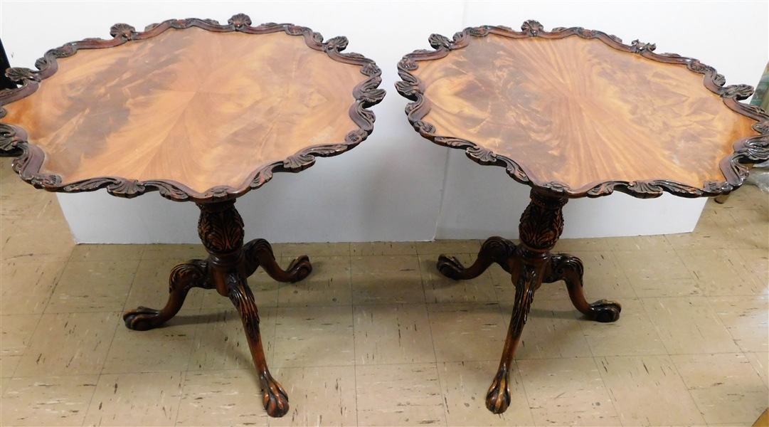 Pair of Mahogany Ball and Claw Foot Tables with Shell Trim - Burl Top - Carved Pedestals - 30" tall 32" Across