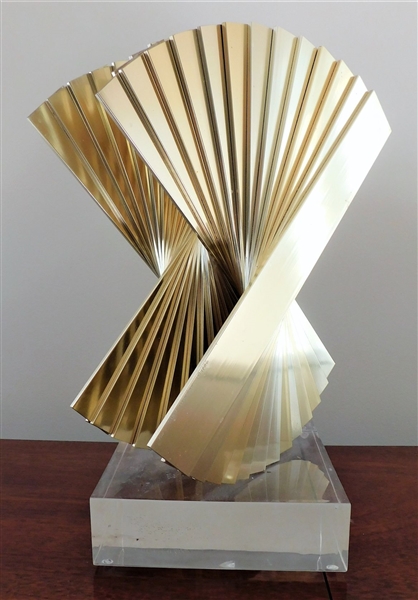 Signed by artist Metal Sculpture on Lucite Base - 14" tall Base Measures 6 1/2" by 6 1/2"