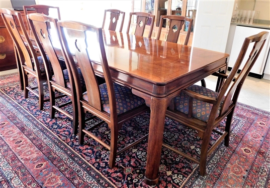 Chinese Chippendale Style Dining Table with 8 Matching Chairs - 2 Captains Chairs - Nicely Upholstered - Table Measures 30" tall 87" by 44" with 1 Leaf Inserted - Leaf Measures 19" wide