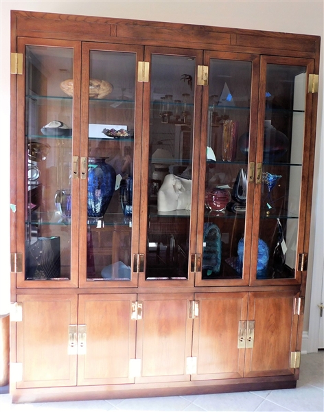 Nice Henredon Lighted China Cabinet with Brass Pulls and Hinges - Glass Shelves Inside, Blind Doors At Bottom - Left Cabinet Has Drawers including Divided Silver Drawer- Measures 82" tall 65" by...