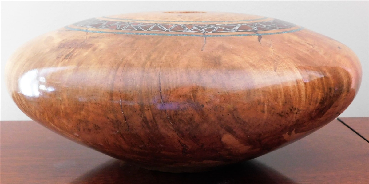 J Barnes Spalted Maple Vessel with Rosewood and Turquoise Inlay - 11" Wide 4 1/2" tall