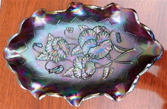 Quilted Carnival Ruffled Edge Oval Bowl - 9 1/2" by 6" Some Minor Chips Around Bottom Edge