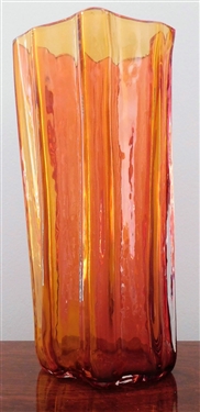 Artist Signed Red, Pink, and Orange Art Glass Vase - 9 1/4" tall 4 1/2" Wide