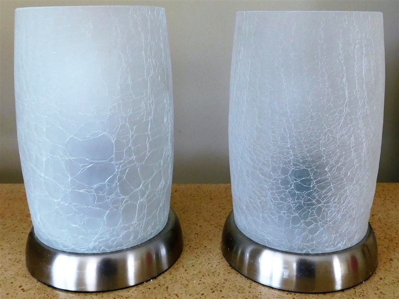 Pair of Crackle Glass and Brushed Nickle Touch Lamps - 8 1/4" Tall