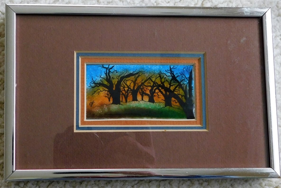 CJ Artist Signed Small Enamel Artwork - Framed and Matted - Frame Measures 4 3/4" by 7 1/4" - Art Measures approx. 1 3/4" by 3" 