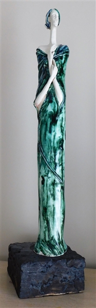 Frances Alvarino Pottery Artist Signed Skinny Lady Statue on Base - Green Glaze Decoration - Figure Measures 27 1/2" Tall Base Measures 3 1/2" tall 7" by 7" 