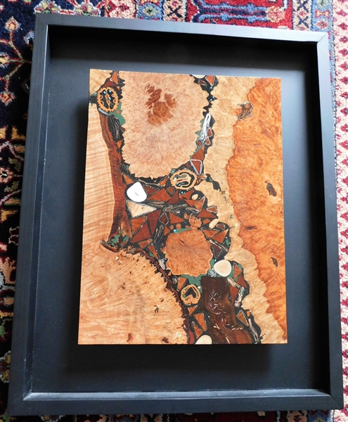 Awesome Inlaid Wood Plaque with Inlaid Stones, Metal, Nuts, and Other Woods - On Black Background - Wood Plaque Measures 15" by 11" - Background Measures 22 3/4" by 17 1/4"