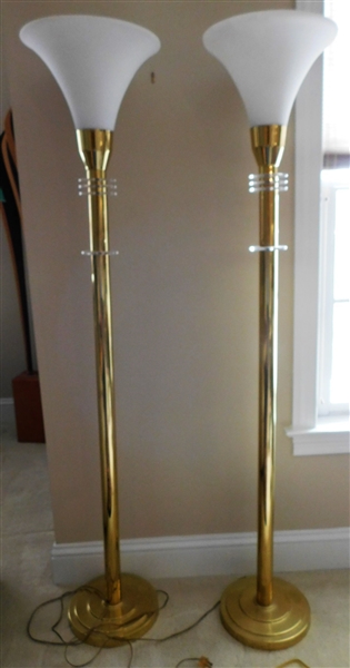 Pair of Brass and Lucite Torchiere Floor Lamps with Glass Cone Shades - Tap to Turn On - 1 Shade Has Broken Neck - Not Visible when on Lamp - Iron Weighted Bases - 68" tall 