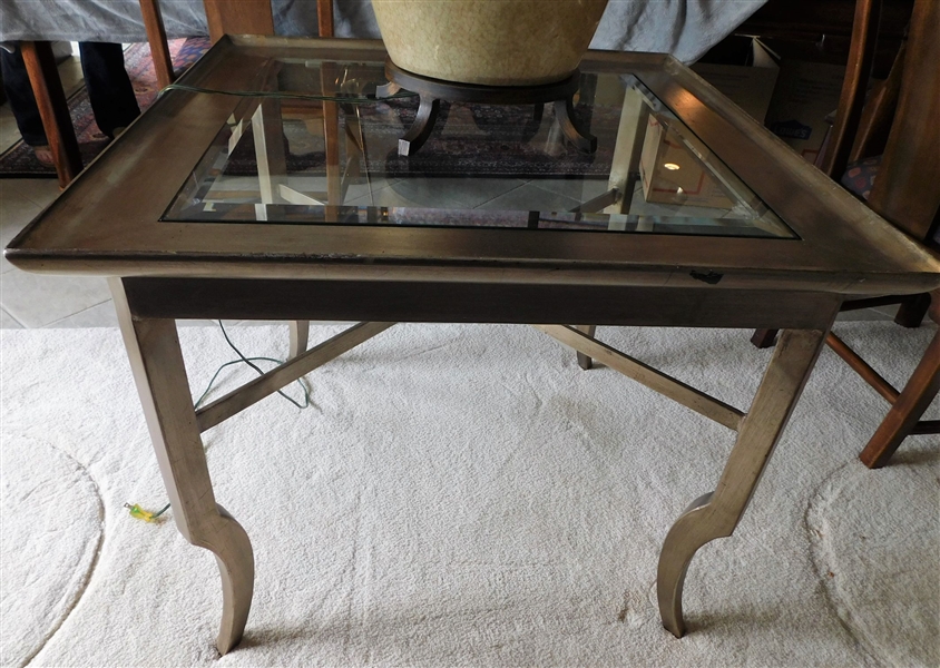 Silver Painted Wood and Metal End Table with Beveled Glass Top - Table Measures 25" tall 30" by 30"