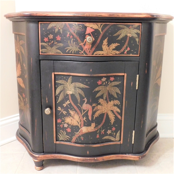 Black and Gold Decorated Credenza with Animals and Birds - Center Drawer and Cabinet - 30" tall 34" by 16"