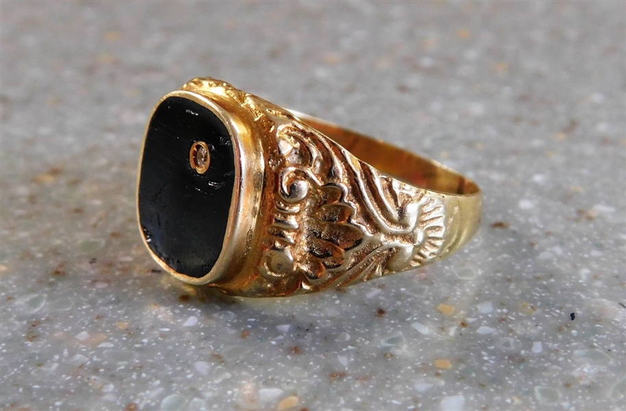 14kt Yellow Gold Ring with Black Onyx and Diamon Accent - Marked 14kt and 585 