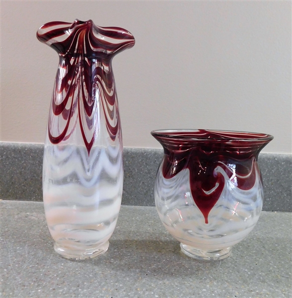 2 Artist Signed Art Glass Vases with Red Trim 