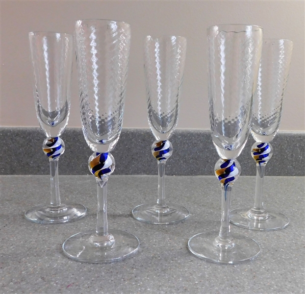 5 Artist Signed R. Beer 86 Champagne Flutes with Blue, White, and Gold Swirl - 7 3/4" tall 