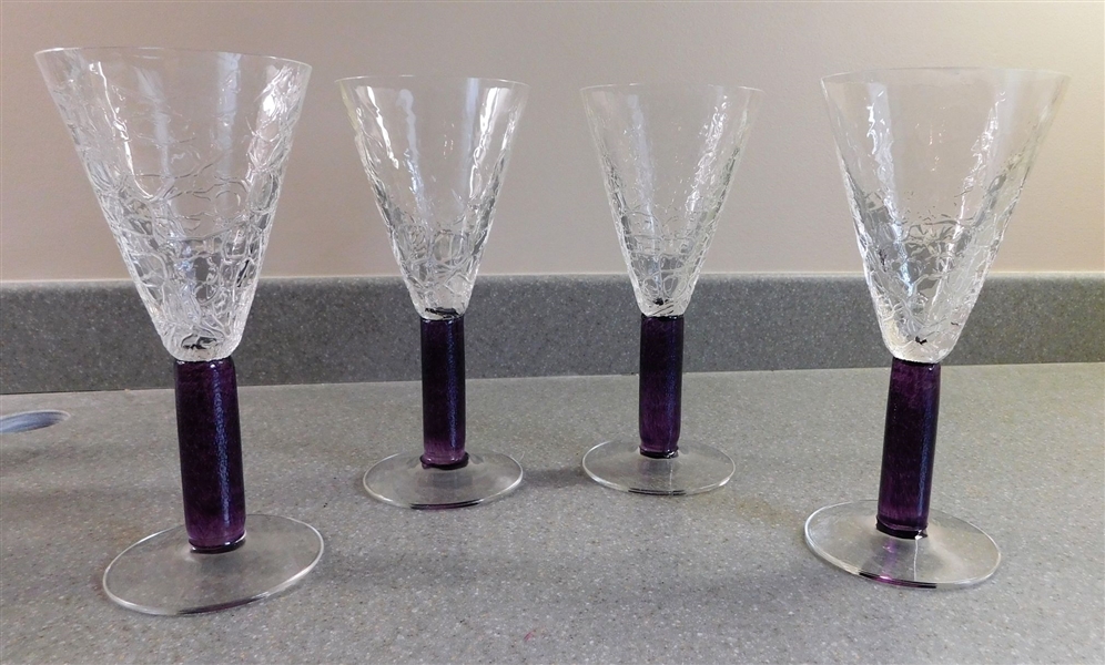 Artist Signed Art Glass Goblets with Amethyst Stems - Measuring 7 3/4" tall 