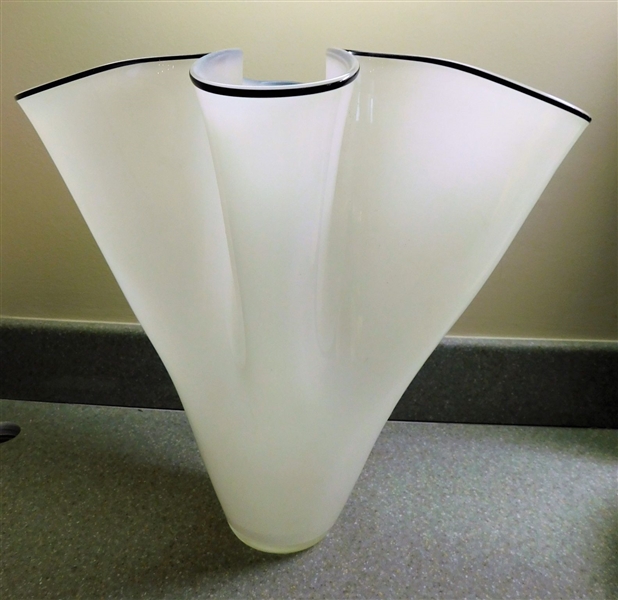 Artist Signed White Ruffled Edge Art Glass Vase - Black Applied Trim - 11 3/4" tall 12 1/4" Across