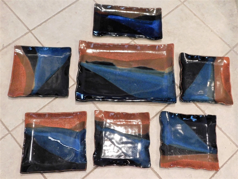 7 Pieces of Art Pottery Signed Walter 1995 - Large Rectangular Platter Measures 15" by 10 1/4" Square Plates Measure 8 1/4" by 8 3/4"