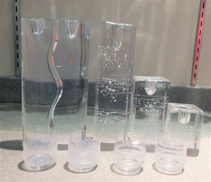 Lot of Clear Glassware including Bubble and Threaded Graduating Candle Sticks, Wave Candle Sticks, and 4 Etched Signed Shot Glasses - Tallest Candle Sticks are 9" 