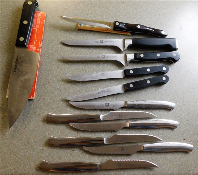 Lot of Kitchen Knives including Lamson Sharp "Ebony" Chefs Knife 11", Cutco 1721, and Henckels - Plus 3 Not Pictured