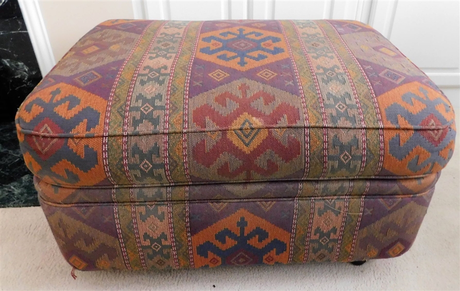 Southwestern Style Upholstered Ottoman with Castors - Measures 19" tall 35" by 36"