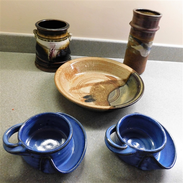 5 Pieces of Art Pottery including Soup and Cracker Mugs, Pie Plate, and 2 Vases Measuring 9" and 6 1/2" - All Artist Signed