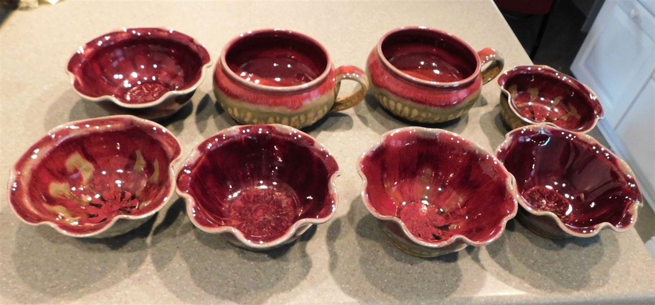 8 Pieces of "Ray" Art Pottery including 6 Bowls and 2 Soup Mugs - Bowls Measure Approx.  6" Across 