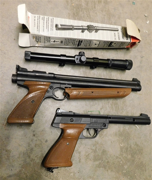 2 Pellet Pistols including Crossman and American Classic and Crossman Target Finder 4xPower Scope Model 410 In Box - Also including Pellets, Air Cartridges, and Targets