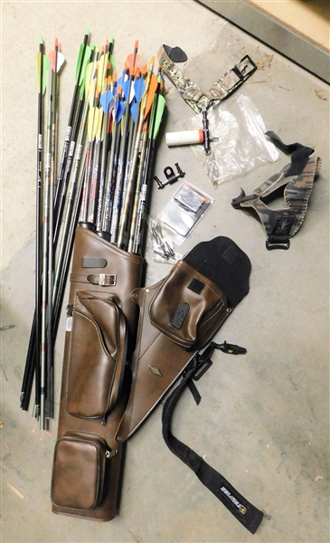 Lot of Over 35 Arrows, Arrow Tips, Quiver, and Bow Triggers - Arrows include Eastman, Victory, Defender, Etc. .