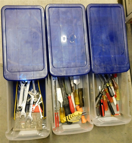 4 Small Storage Drawers with Tools including Set of Wrenches, Screwdrivers, Scissors, Plyers, Chisels, and Files