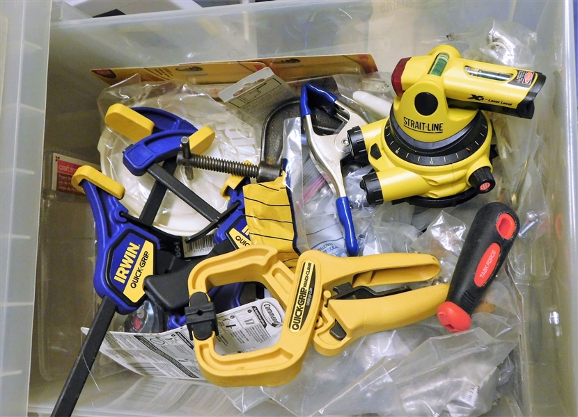 Lot of Hardware and Tools including Clamps, Laser Level, Picture Wires, and Other Hardware 