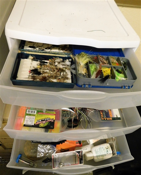 3 Drawer Storage Cabinet with Fishing Flies, Lures, Line, and Repair Tools - Cabinet is 11" Tall