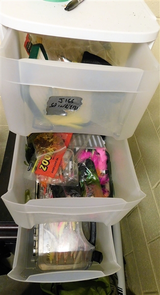 3 Drawer Storage Cabinet Full of Flies, Lures, Spinners, Jigs, Crawdads, Worms, and More - Cabinet is 25" tall