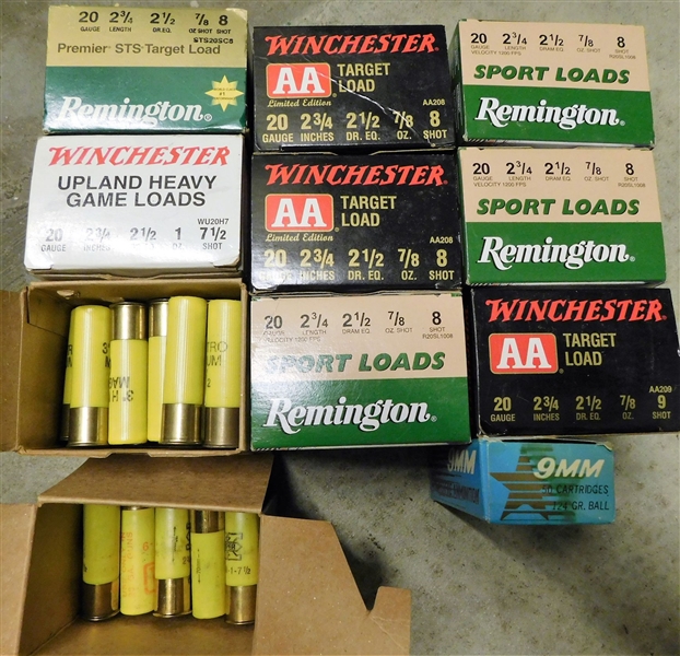 Lot of Ammo including 9 Full Boxes of 20 Gauge Shells, 1 Partial, and Full Box of 9mm