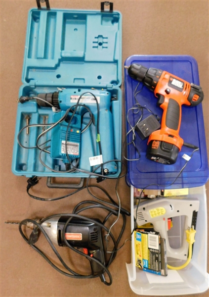Electric Stapler with Staples, Black and Decker Drill, Craftsman Drill, and Makita Drill with Charger and Case