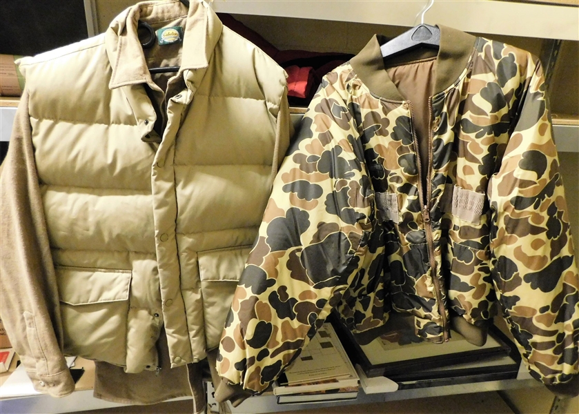 Reversable Camo/Brown Columbia Hunting Jacket with Shell Holders - Size XL and Cabelas XL Tall Camp Shirt and Quilted Vest
