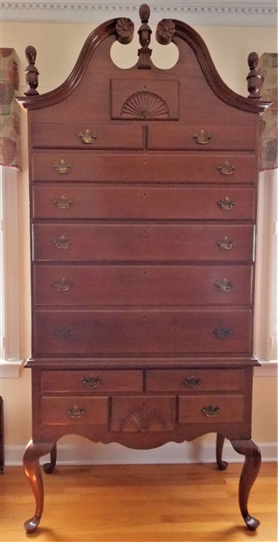 Queen Anne Style Walnut Broken Arch Highboy - 2 Piece with 13 Dovetailed Drawers - Pegged Construction - With Key - Measures 92 1/2" tall to top of finial 42 1/4" by 20"