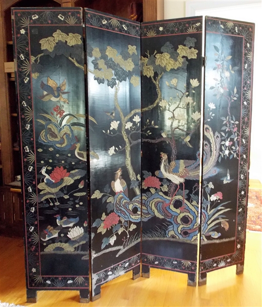 Asian Black Lacquer 4 Panel Folding Screen Double Sided  - Bird and Tree Details on one Side Gold with Birds and Flowers on Other - Each Panel Measures 72" by 16" - Some Damaged Areas - See Photos