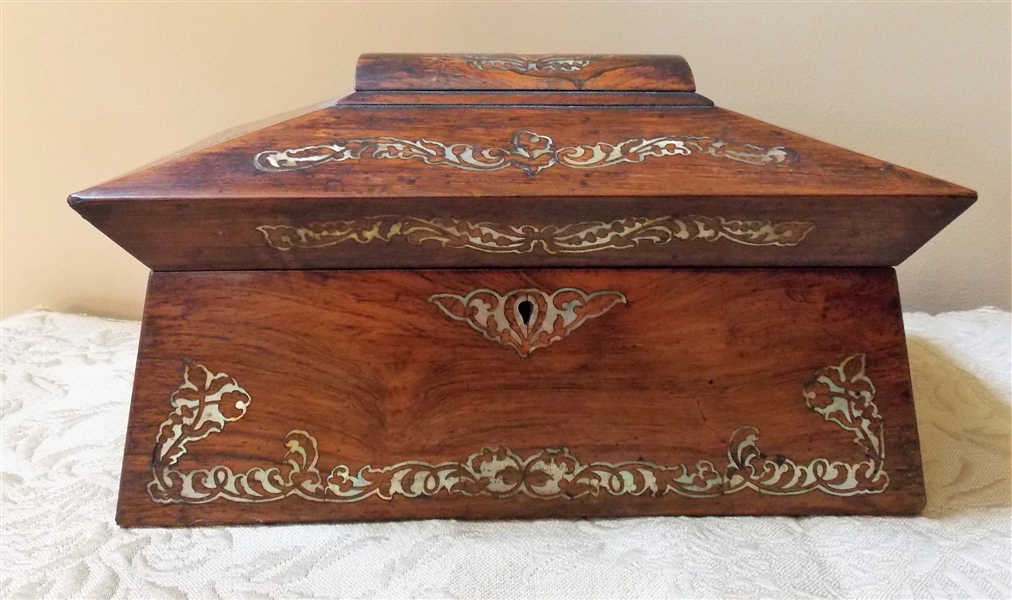 Rosewood Mother of Pearl Inlaid Tea Caddy with Divided Center - Original Lock -Measures 6" tall 14" by 7 3/4" 