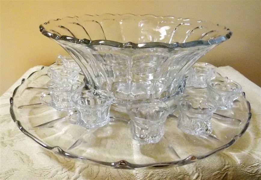 Large Unsigned Heisey Punchbowl with Underplate and 12 Cups -Platter Measures 21 1/2" Across Bowl Measures 7" tall 15 1/2" Across